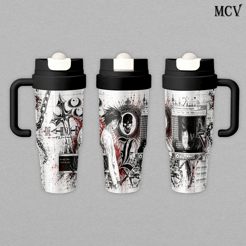 L Lawliet - Death Note Anime - Gothic Skull Chain Y2K Grunge Manga Embossed Raised Art - 17oz 24oz 30oz Insulated Tumbler, Stainless Steel Water Bottle, Straw Cup, Handle Travel Mug