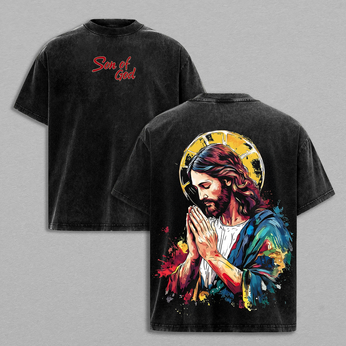 Son of God Jesus Praying T-Shirt | Merry Xmas Christian Holiday Shirt | Vintage Washed Oversized Faith Tee | Colorful Jesus Art Graphic Back Print | Religious Christmas Gift for Believers USA
