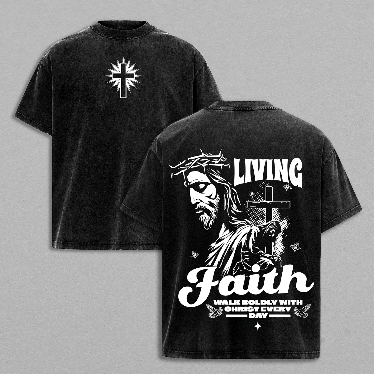 Living Faith Christian T-Shirt | Jesus Cross Graphic Vintage Washed Tee | Walk Boldly With Christ Every Day | Faith Over Fear Religious Streetwear for Believers | Glory Threads Heavy Cotton Tee