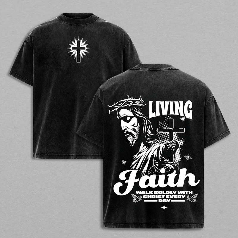Living Faith Christian T-Shirt | Jesus Cross Graphic Vintage Washed Tee | Walk Boldly With Christ Every Day | Faith Over Fear Religious Streetwear for Believers | Glory Threads Heavy Cotton Tee