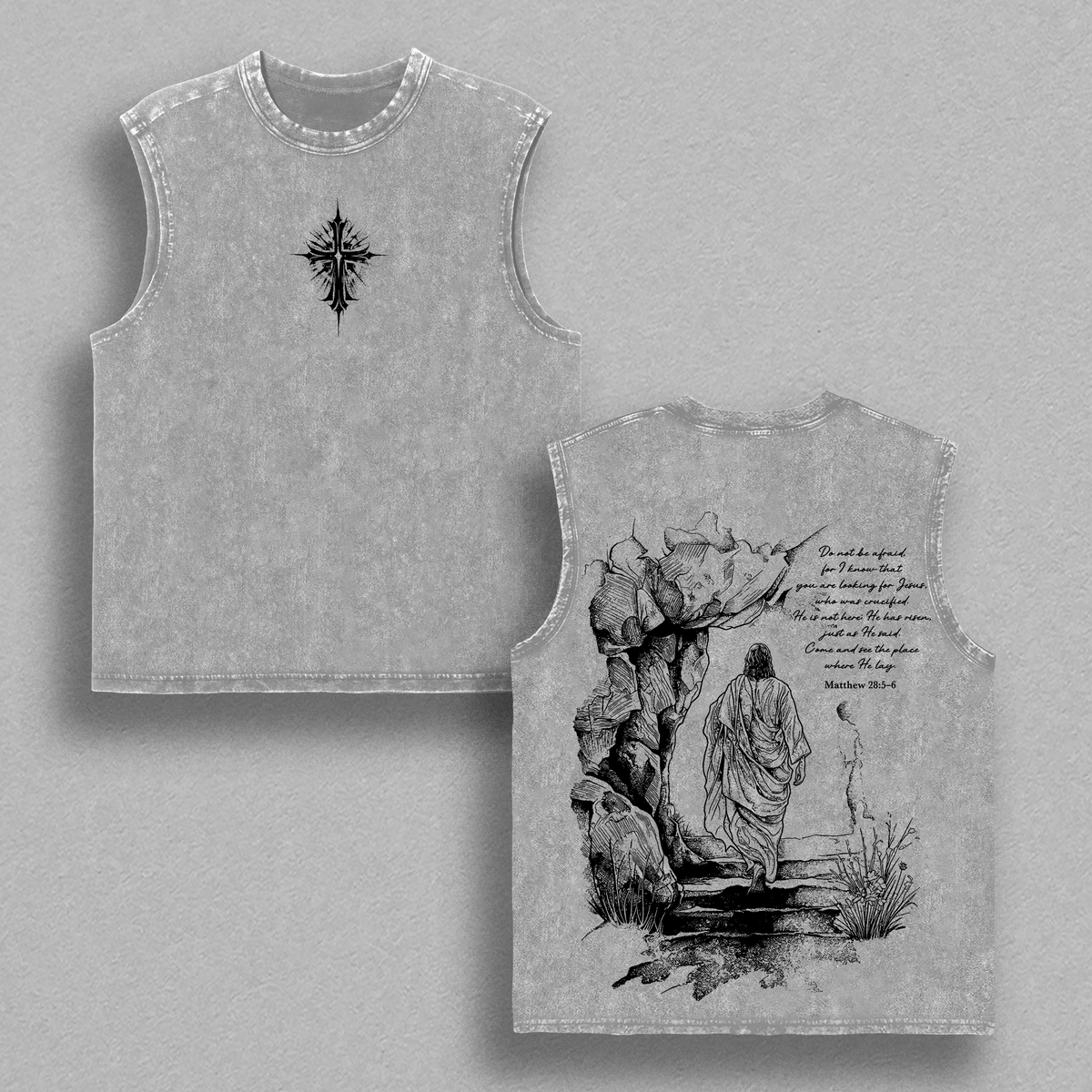 Matthew 28:5-6 He Is Risen Vintage Washed Oversized Christian T-Shirt, Heavy Cotton Jesus Resurrection Graphic Tee, Easter Faith Scripture Streetwear Shirt, Unisex Religious Gift for Christian Believers
