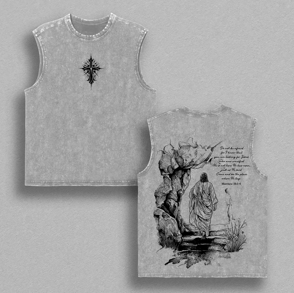 Matthew 28:5-6 He Is Risen Vintage Washed Oversized Christian T-Shirt, Heavy Cotton Jesus Resurrection Graphic Tee, Easter Faith Scripture Streetwear Shirt, Unisex Religious Gift for Christian Believers