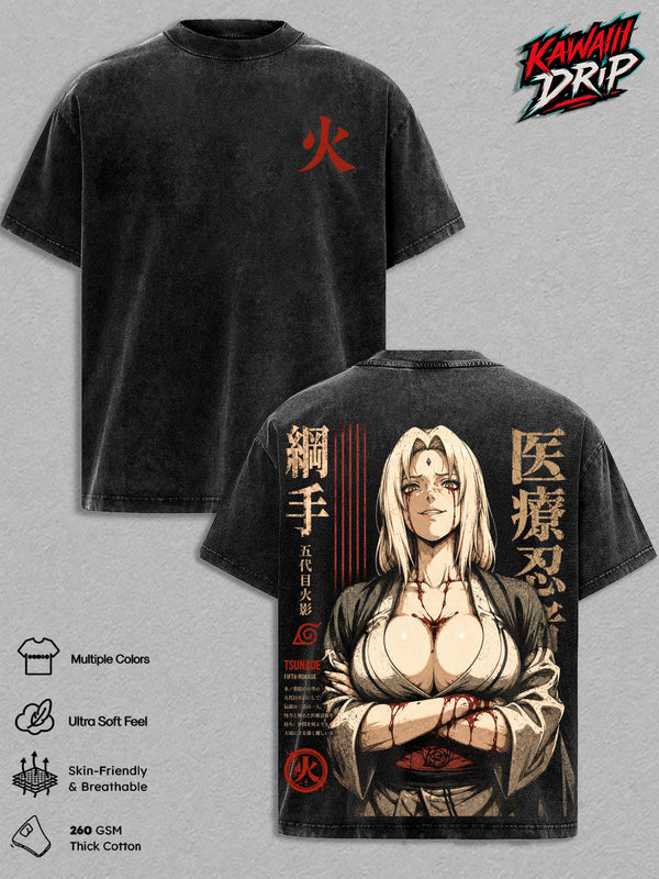 Narutoo Vintage Washed Anime T-Shirt – Tsunade Senju Graphic Tee, Retro Manga Streetwear Oversized Heavy Cotton Unisex Shirt, Anime Gift for Men & Women