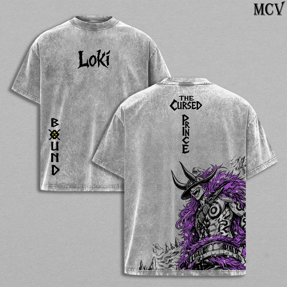 Loki The Cursed Prince Anime Vintage Washed T-Shirt, Bound Mark Graphic Tee, Elbaph Warrior Streetwear Heavy Cotton Shirt