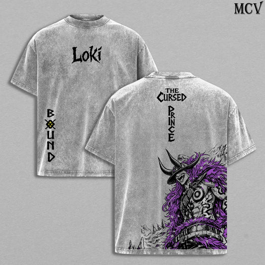 Loki The Cursed Prince Anime Vintage Washed T-Shirt, Bound Mark Graphic Tee, Elbaph Warrior Streetwear Heavy Cotton Shirt