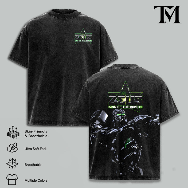 Real Steel Zeus Graphic Tee, Apparel with Double Print, Oversize Lightweight Acid-Washed Cotton, Casual Classic Seamless Shortsleeve Movies Films Streetwear Top Gift for movie fans