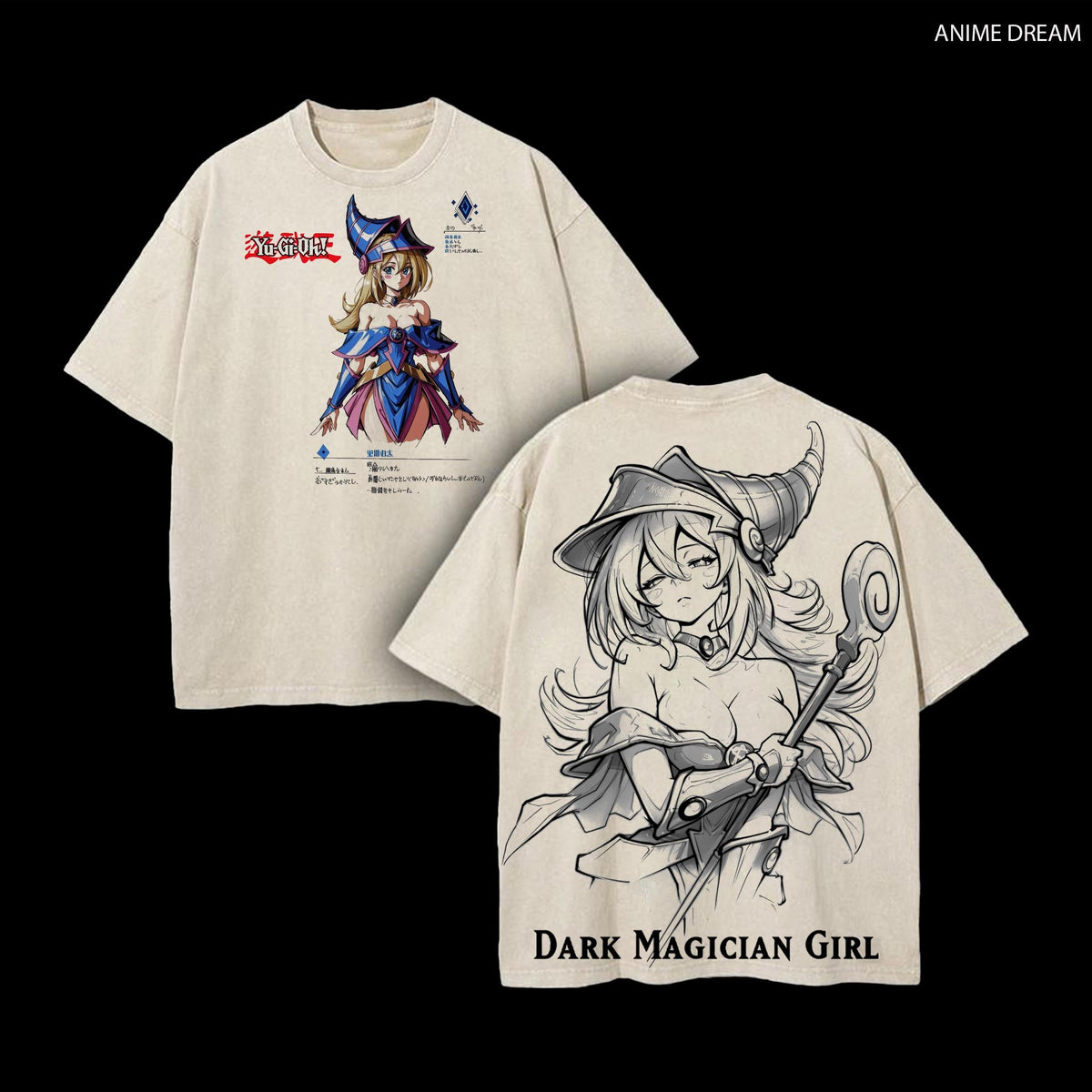 Dark Magician Girl Yu-Gi-Oh! Anime Double Printed Vintage Washed Tee Unisex Oversize Heavyweight Cotton T-shirt for Anime Fans and Lovers