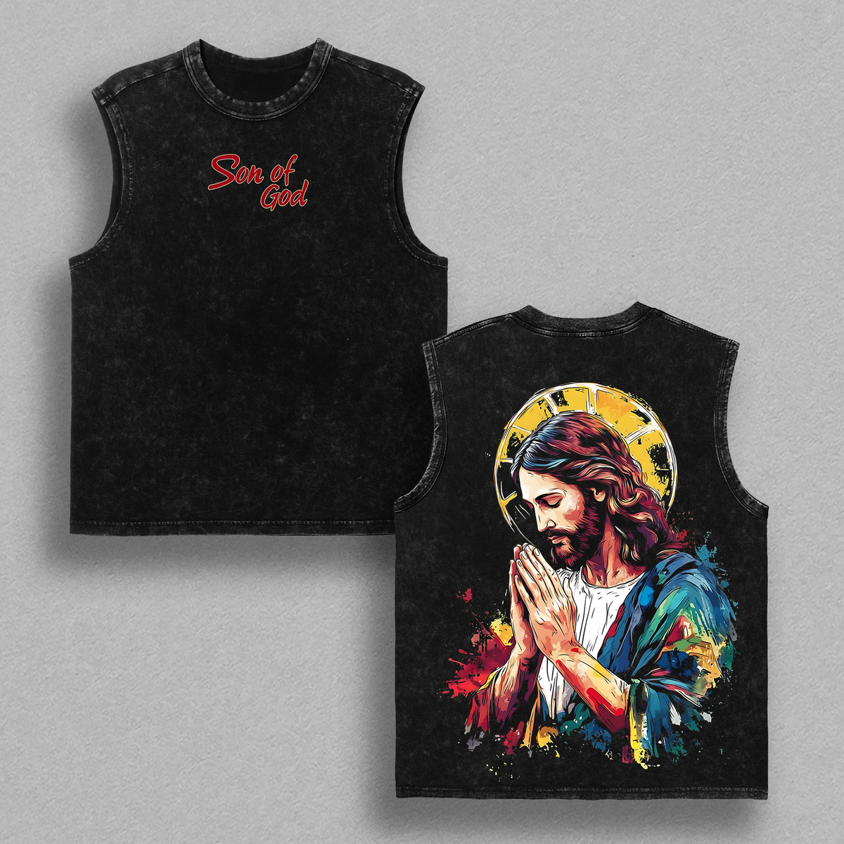 Son of God Jesus Praying T-Shirt | Merry Xmas Christian Holiday Shirt | Vintage Washed Oversized Faith Tee | Colorful Jesus Art Graphic Back Print | Religious Christmas Gift for Believers USA