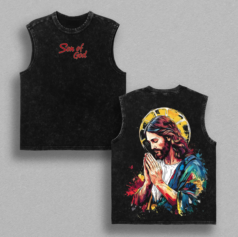 Son of God Jesus Praying T-Shirt | Merry Xmas Christian Holiday Shirt | Vintage Washed Oversized Faith Tee | Colorful Jesus Art Graphic Back Print | Religious Christmas Gift for Believers USA