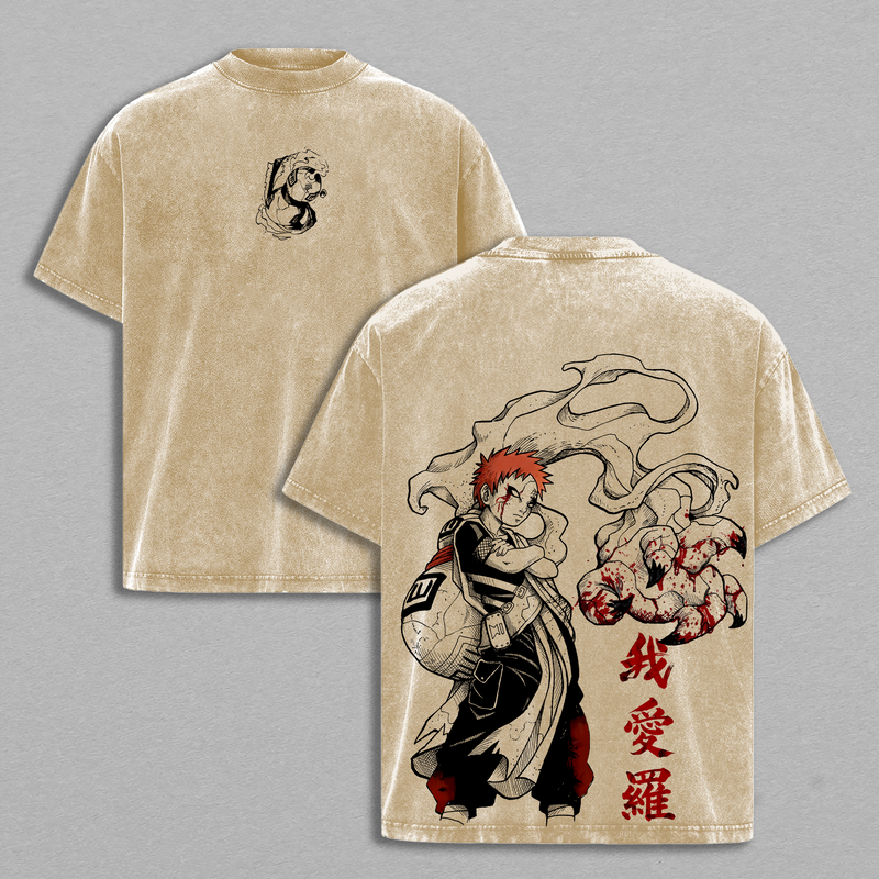 Gaara Vintage Washed Tee – Naruto Anime Double Printed Graphic T-Shirt, Unisex Oversize Anime Manga Streetwear Heavyweight Cotton Wash Tee, Gift for Anime Fans