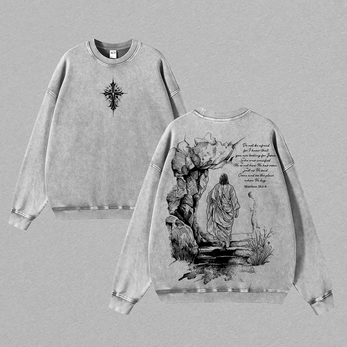 Matthew 28:5-6 He Is Risen Vintage Washed Oversized Christian T-Shirt, Heavy Cotton Jesus Resurrection Graphic Tee, Easter Faith Scripture Streetwear Shirt, Unisex Religious Gift for Christian Believers