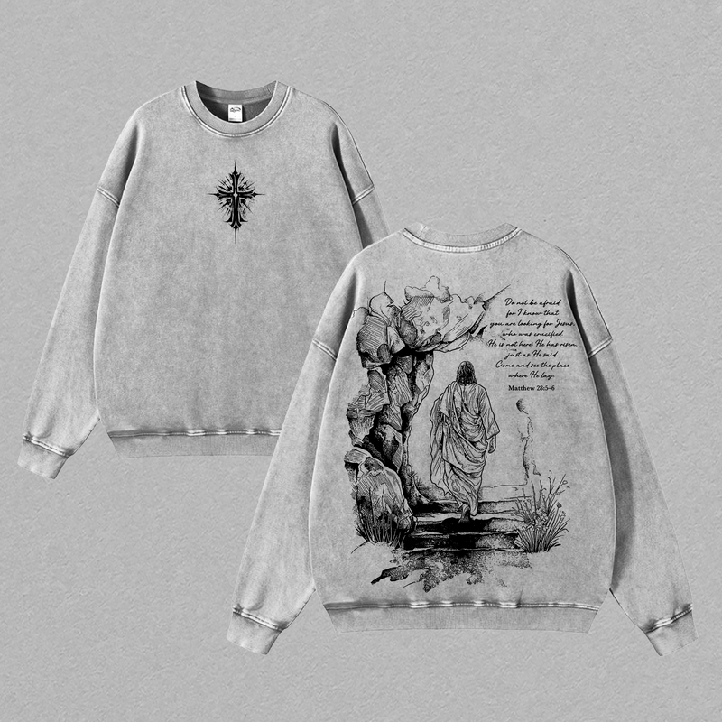 Matthew 28:5-6 He Is Risen Vintage Washed Oversized Christian T-Shirt, Heavy Cotton Jesus Resurrection Graphic Tee, Easter Faith Scripture Streetwear Shirt, Unisex Religious Gift for Christian Believers