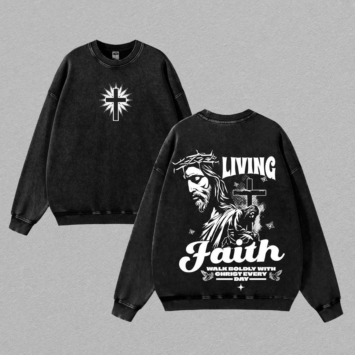 Living Faith Christian T-Shirt | Jesus Cross Graphic Vintage Washed Tee | Walk Boldly With Christ Every Day | Faith Over Fear Religious Streetwear for Believers | Glory Threads Heavy Cotton Tee