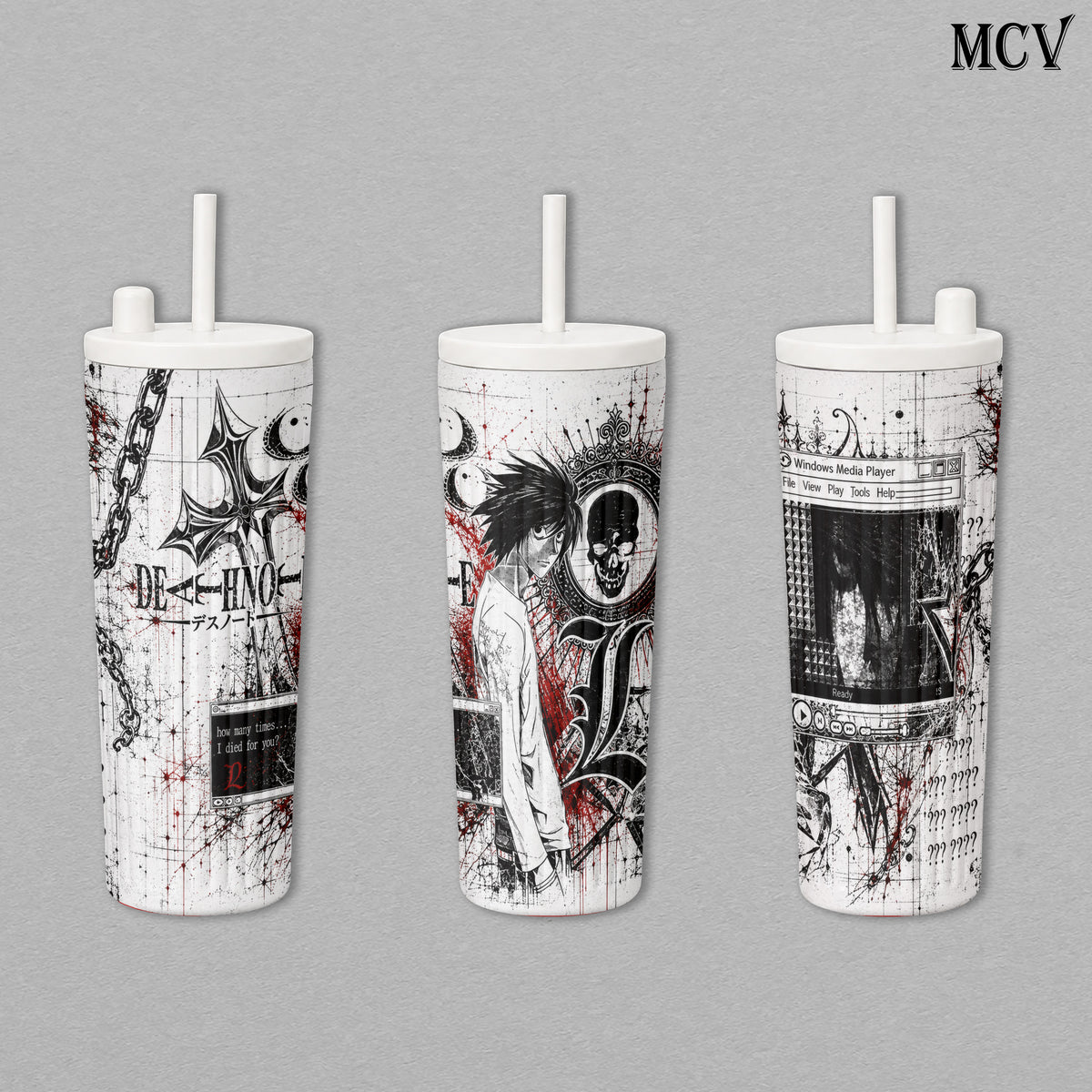 L Lawliet - Death Note Anime - Gothic Skull Chain Y2K Grunge Manga Embossed Raised Art - 17oz 24oz 30oz Insulated Tumbler, Stainless Steel Water Bottle, Straw Cup, Handle Travel Mug