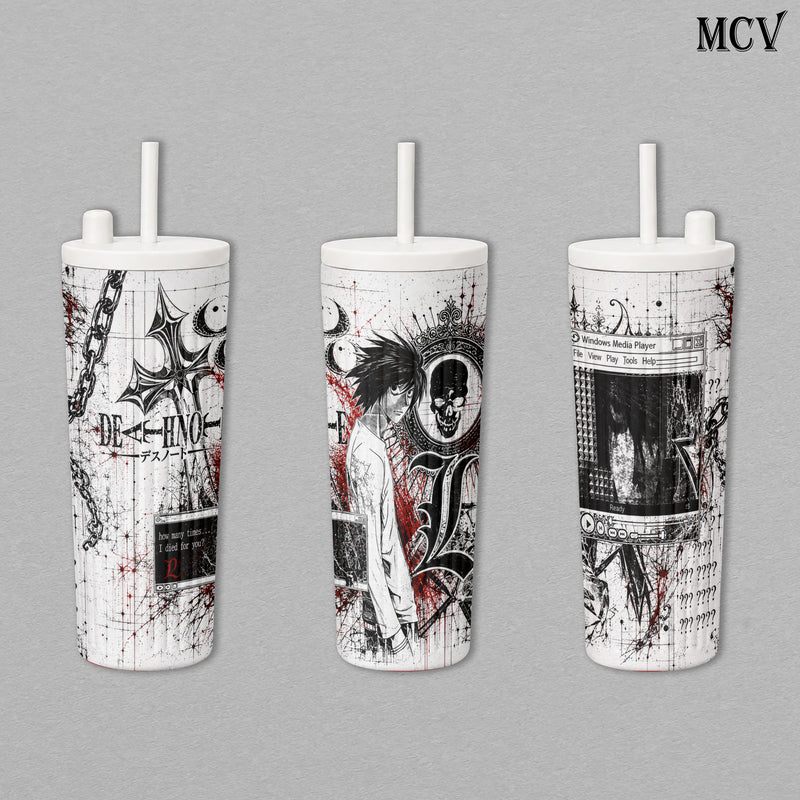 L Lawliet - Death Note Anime - Gothic Skull Chain Y2K Grunge Manga Embossed Raised Art - 17oz 24oz 30oz Insulated Tumbler, Stainless Steel Water Bottle, Straw Cup, Handle Travel Mug