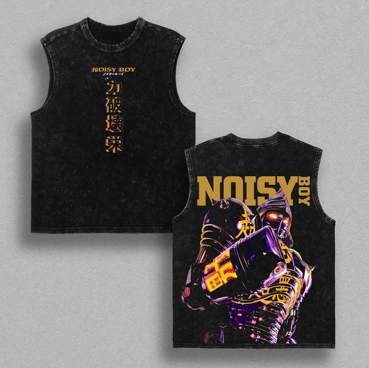 Real Steel Noisy Boy Robot Boxing Fight Scene – Vintage Washed Graphic Tee, Oversized Heavyweight Movie Shirt, Large Back Graphic, Cyberpunk Style Streetwear, High-Quality Cotton Fabric, Unisex, Movie Merch, Gift For Movie Lover