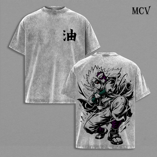 Naruto Sage Mode Jiraiya Vintage Washed T-Shirt, Oil Symbol Kanji Anime Graphic Tee, Ninja Master Streetwear Heavy Cotton Shirt