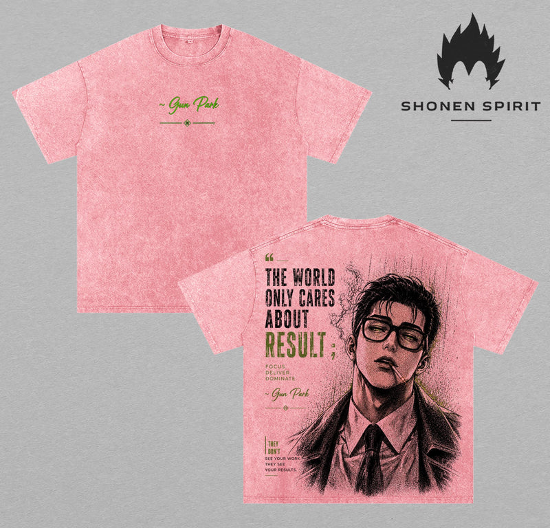 Gun Park Vintage Washed T-Shirt | Lookism Graphic Tee | The World Only Cares About Results Oversized Heavyweight Cotton Streetwear Shirt | Anime Manhwa Unisex Fan Gift