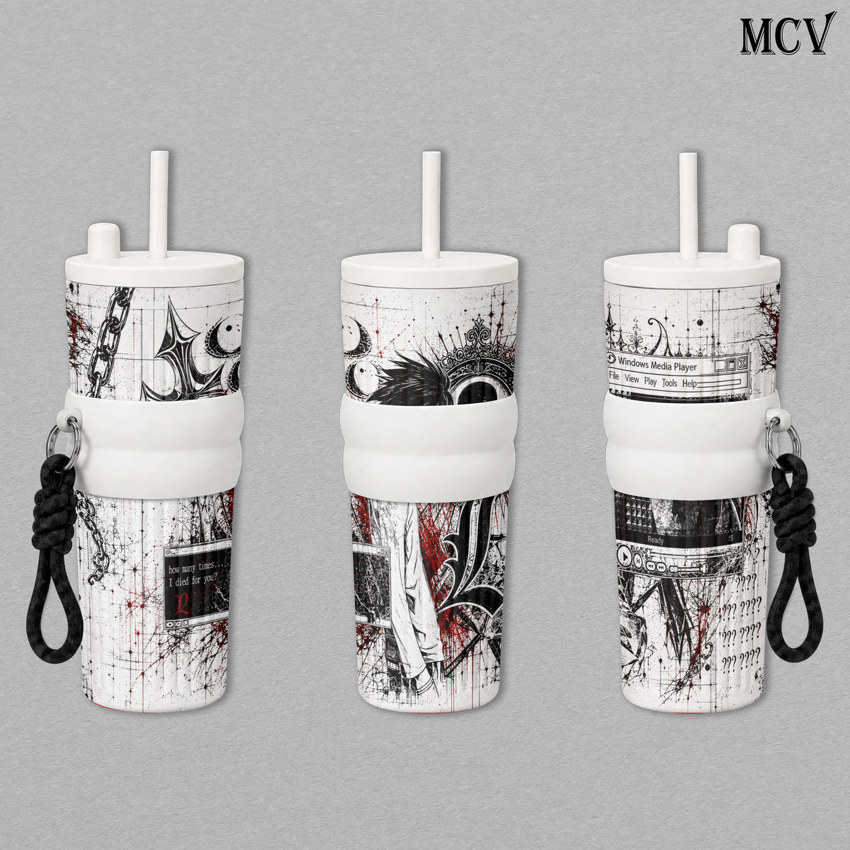 L Lawliet - Death Note Anime - Gothic Skull Chain Y2K Grunge Manga Embossed Raised Art - 17oz 24oz 30oz Insulated Tumbler, Stainless Steel Water Bottle, Straw Cup, Handle Travel Mug