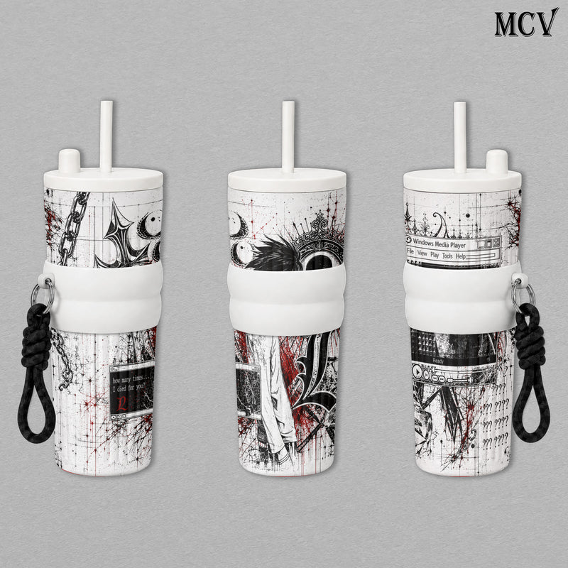 L Lawliet - Death Note Anime - Gothic Skull Chain Y2K Grunge Manga Embossed Raised Art - 17oz 24oz 30oz Insulated Tumbler, Stainless Steel Water Bottle, Straw Cup, Handle Travel Mug