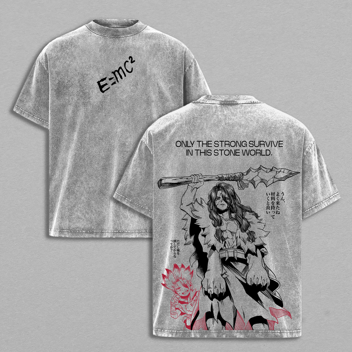 Tsukasa Shishio x Senku Ishigami – Dr. Stone Anime Stone Wars Science vs Power Manga Graphic Double Printed Washed T-Shirt Tee, Menswear Heavy Cotton Unisex Oversize Streetwear Vintage, Science Future Arc