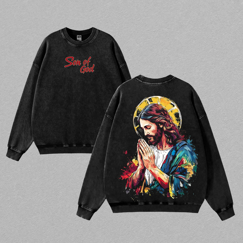 Son of God Jesus Praying T-Shirt | Merry Xmas Christian Holiday Shirt | Vintage Washed Oversized Faith Tee | Colorful Jesus Art Graphic Back Print | Religious Christmas Gift for Believers USA