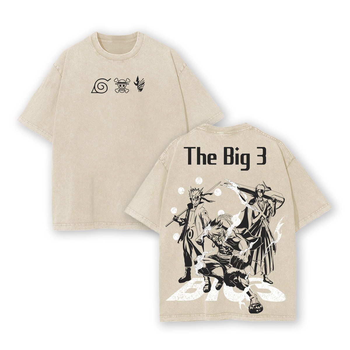 The Big 3 Anime T-Shirt – Oversized Vintage Washed Tee, Naruto One Piece Bleach Inspired Shirt