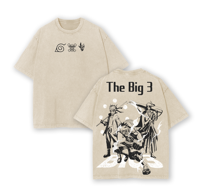 The Big 3 Anime T-Shirt – Oversized Vintage Washed Tee, Naruto One Piece Bleach Inspired Shirt