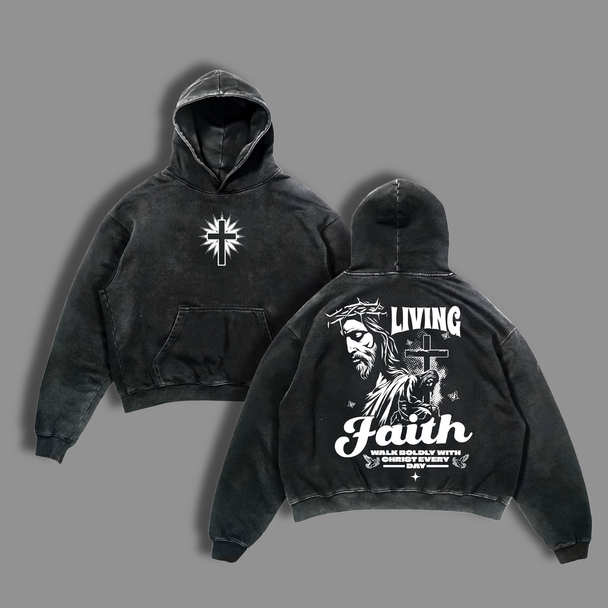 Living Faith Christian T-Shirt | Jesus Cross Graphic Vintage Washed Tee | Walk Boldly With Christ Every Day | Faith Over Fear Religious Streetwear for Believers | Glory Threads Heavy Cotton Tee
