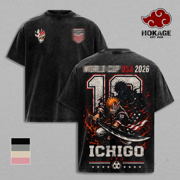 USA 2026 United World Football Tour 2026 Ichigo Bleach Vintage Washed Anime Soccer T-Shirt, Number 10 Futbol Graphic Tee, Oversized Heavyweight Cotton Streetwear, USA Football Fan Shirt, Retro Anime Sports Gift Merch Apparel