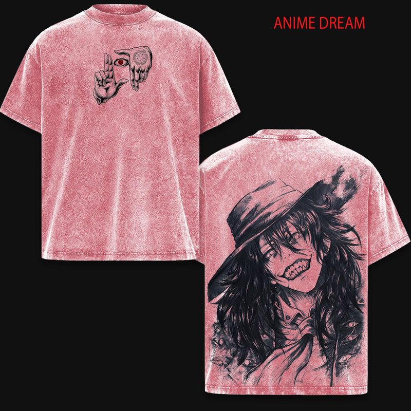 Alucard Hellsing Anime Double Printed Vintage Washed Tee Unisex Oversize Anime Manga Washed Heavyweight Cotton T-shirt