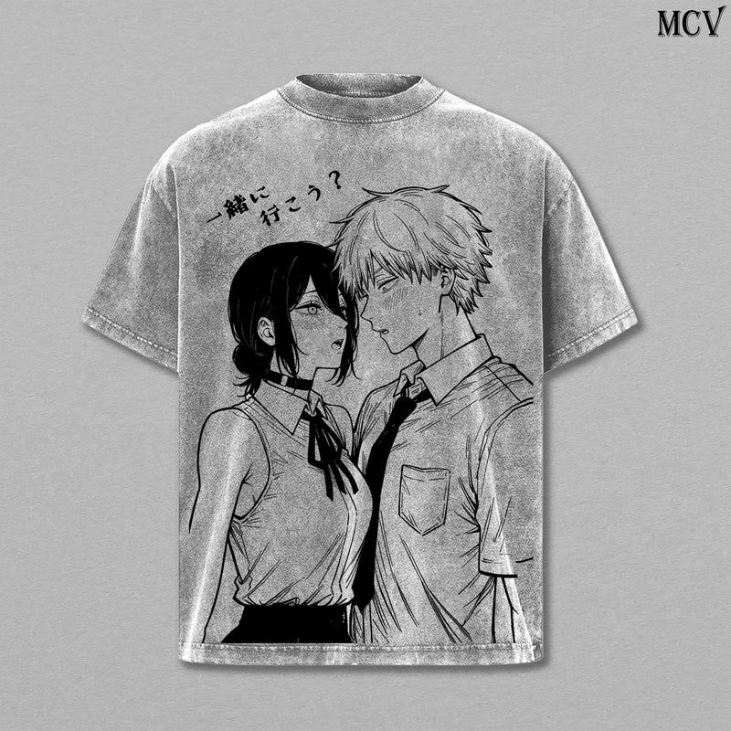 Chainsaw Man Couple Denji Reze – Vintage Washed Anime Graphic Tee