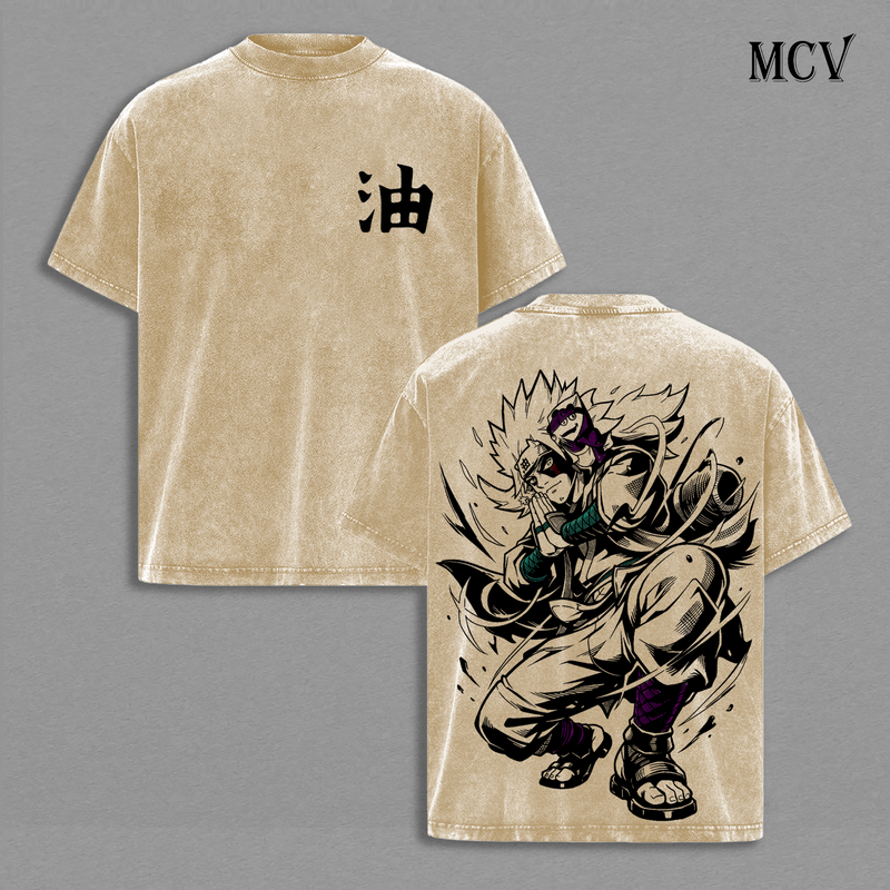 Naruto Sage Mode Jiraiya Vintage Washed T-Shirt, Oil Symbol Kanji Anime Graphic Tee, Ninja Master Streetwear Heavy Cotton Shirt