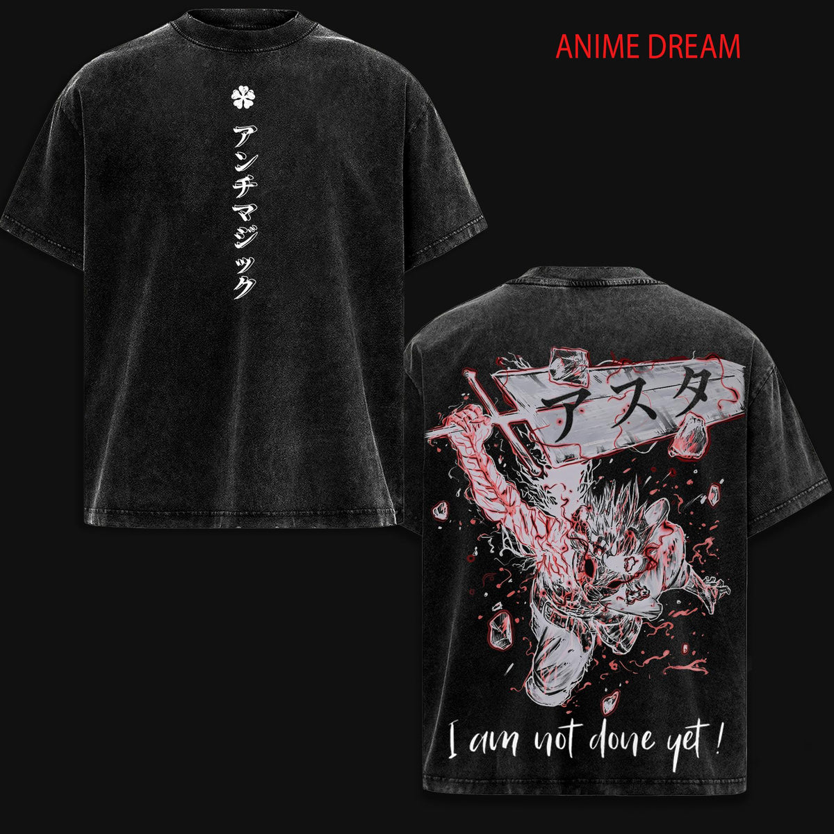 Asta Black Clover Black Bulls Anime Double Printed Vintage Washed Tee Unisex Oversize Anime Manga Washed Heavyweight Cotton T-shirt