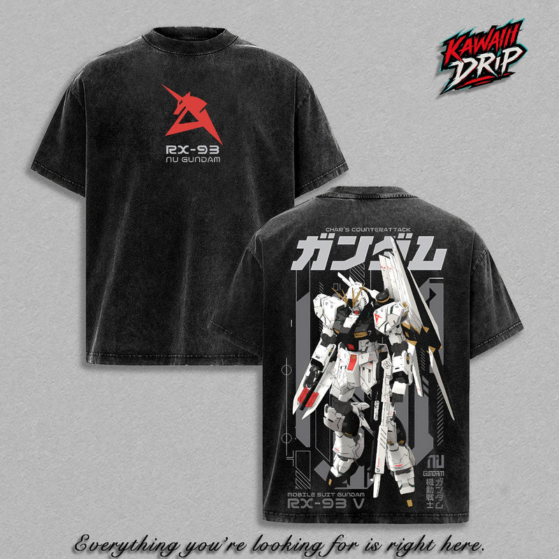 Nu Gundam RX-93 T-Shirt, Char's Counterattack Mobile Suit Gundam Graphic Tee, Back Print Vintage 90s Anime Shirt, Graphic Tees Men, Trendy Tshirts, Men's T Shirts, Gundam Streetwear, Unisex Cotton Distressed Tee, Merch For Men, Men Fashion Graphic Tee