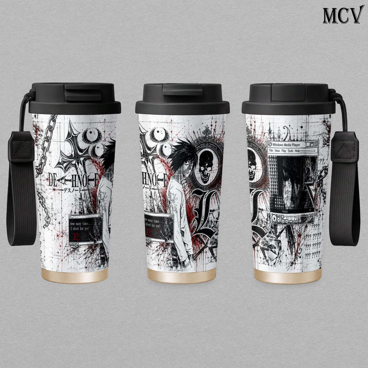 L Lawliet - Death Note Anime - Gothic Skull Chain Y2K Grunge Manga Embossed Raised Art - 17oz 24oz 30oz Insulated Tumbler, Stainless Steel Water Bottle, Straw Cup, Handle Travel Mug