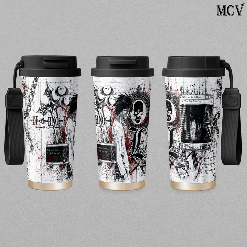 L Lawliet - Death Note Anime - Gothic Skull Chain Y2K Grunge Manga Embossed Raised Art - 17oz 24oz 30oz Insulated Tumbler, Stainless Steel Water Bottle, Straw Cup, Handle Travel Mug