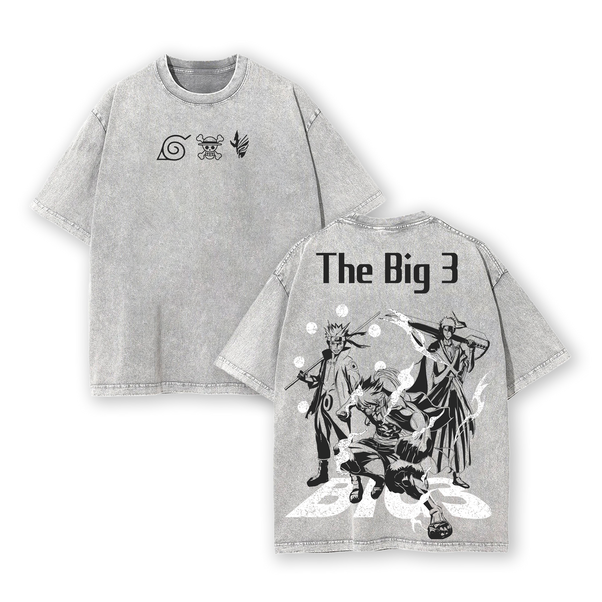 The Big 3 Anime T-Shirt – Oversized Vintage Washed Tee, Naruto One Piece Bleach Inspired Shirt