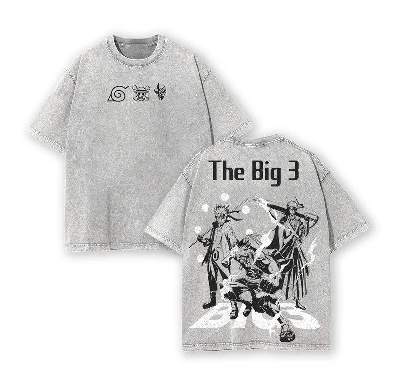 The Big 3 Anime T-Shirt – Oversized Vintage Washed Tee, Naruto One Piece Bleach Inspired Shirt
