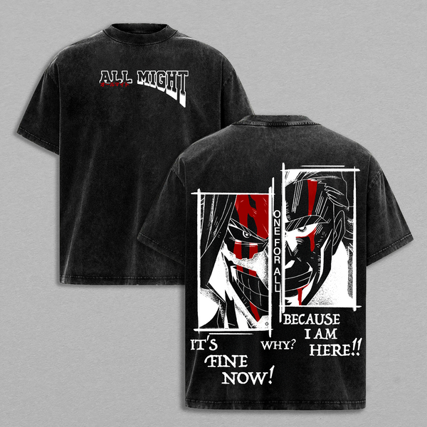 My Hero Academia Anime All Might Symbol of Peace Hero Manga Double Printed Oversize Lightweight Acid Washed Tee Japanese Anime Graphic Top Cotton Gift T-Shirt For MHA Fan, Gift T-Shirt For Anime Lover