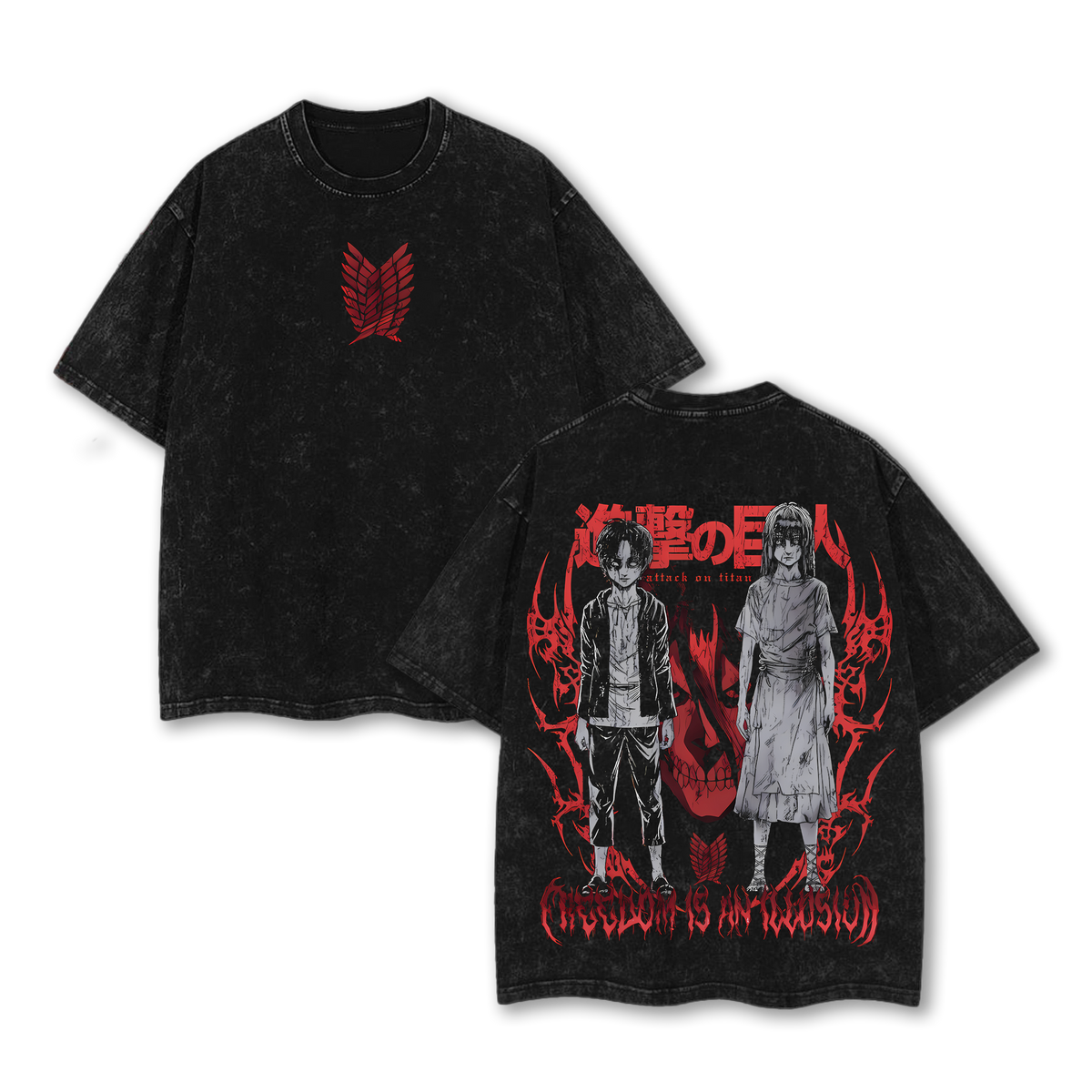 Eren Jaeger x Founding Titan x  Attack on Titan Anime Double Printed Vintage Washed Tee Unisex Oversize Heavyweight Cotton T-shirt for Anime Fans and Lovers