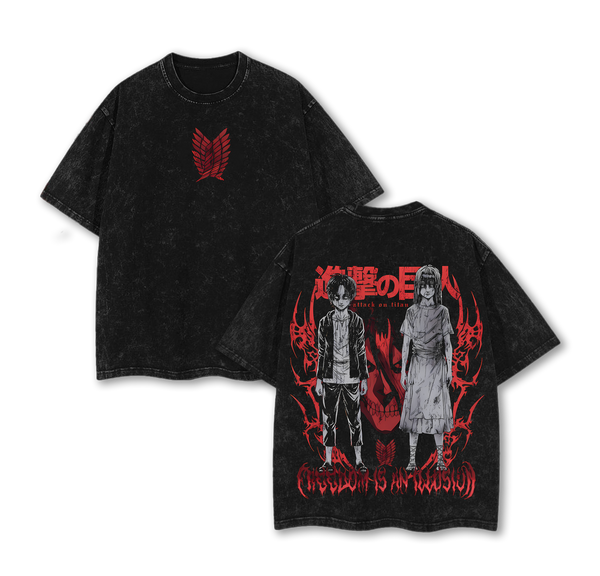 Eren Jaeger x Founding Titan x  Attack on Titan Anime Double Printed Vintage Washed Tee Unisex Oversize Heavyweight Cotton T-shirt for Anime Fans and Lovers