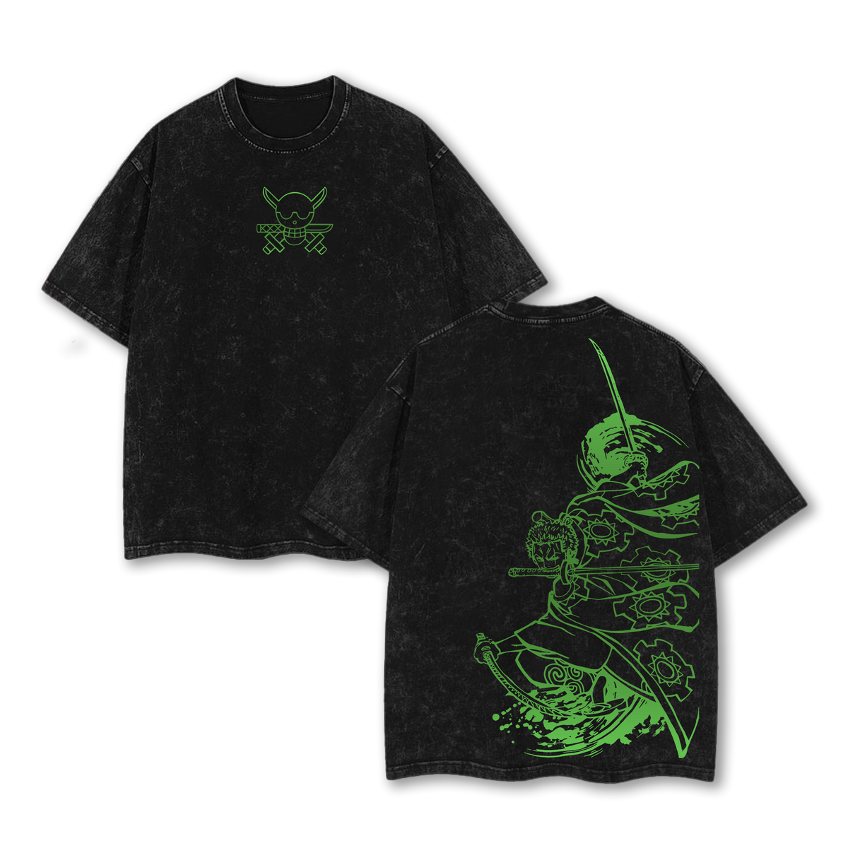 Retro One Piece Washed Tee – "Roronoa Zoro" Green Edition, Vintage Oversized T-Shirt Featuring Iconic Three-Sword Style & Pirate Hunter Design – Soft Cotton Streetwear Anime Merch for One Piece Fans