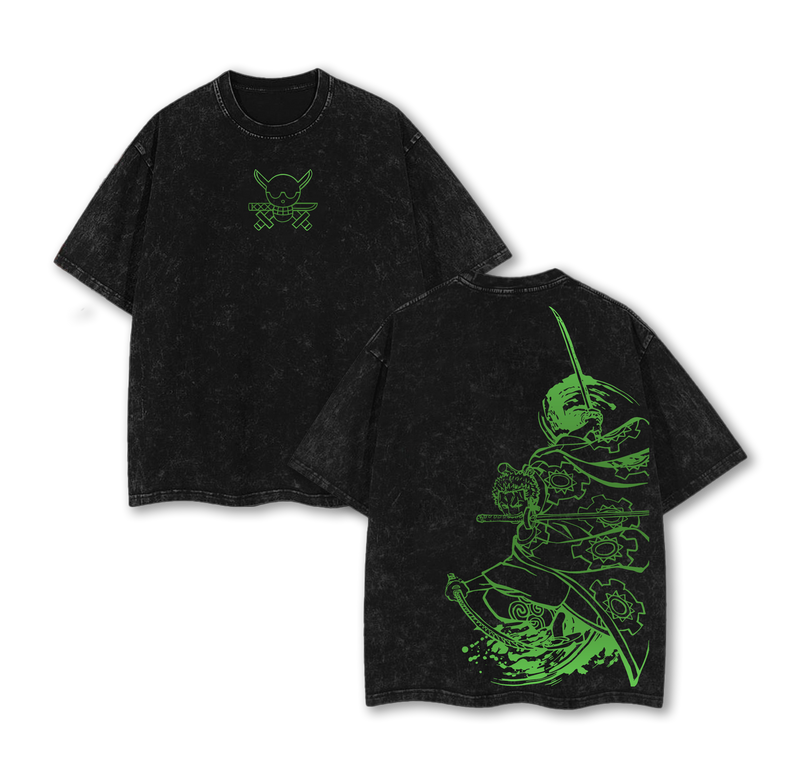 Retro One Piece Washed Tee – "Roronoa Zoro" Green Edition, Vintage Oversized T-Shirt Featuring Iconic Three-Sword Style & Pirate Hunter Design – Soft Cotton Streetwear Anime Merch for One Piece Fans