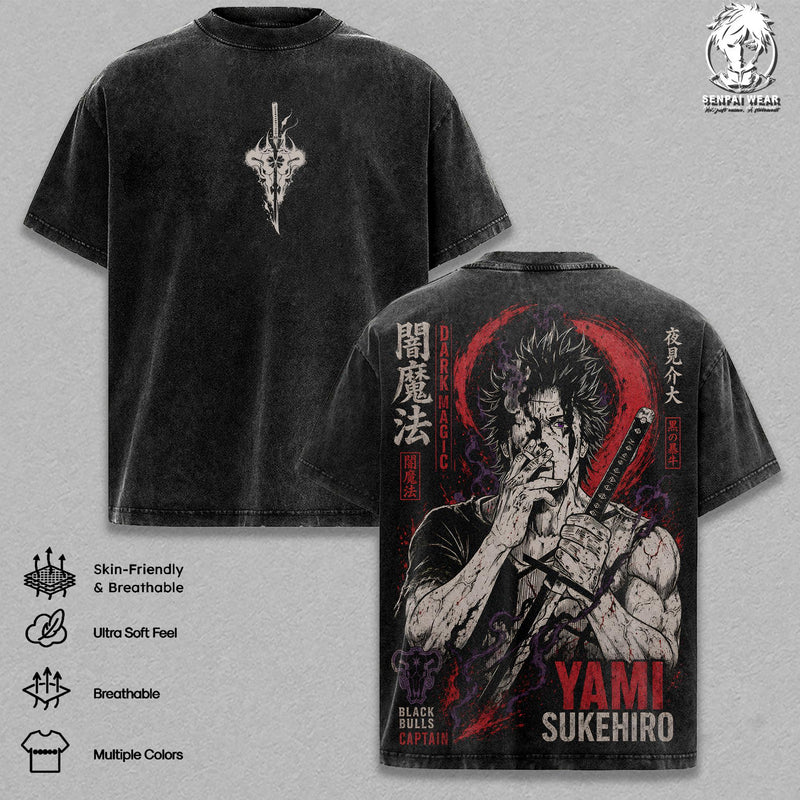 Yami Sukehiro – Black Clover Oversize Anime Graphic Tee, Acid Washed Heavy Cotton Shirt, Vintage Manga Streetwear, Unisex Casual Wear, Anime Merch, Gift for Anime Fans