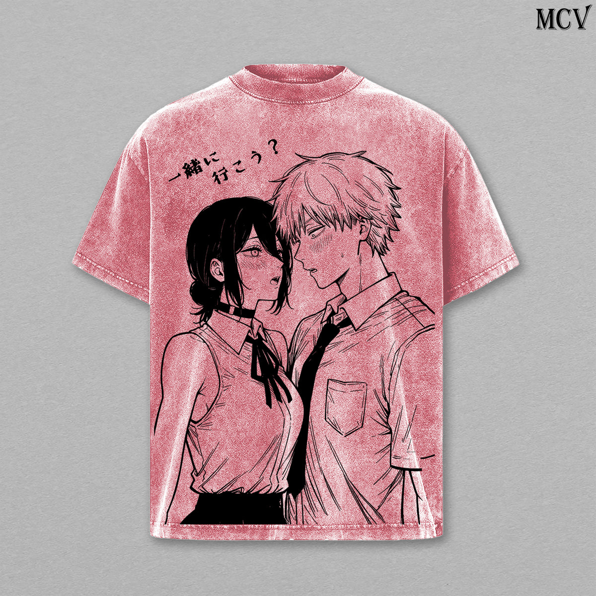 Chainsaw Man Couple Denji Reze – Vintage Washed Anime Graphic Tee