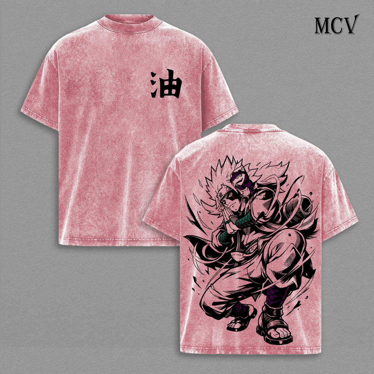 Naruto Sage Mode Jiraiya Vintage Washed T-Shirt, Oil Symbol Kanji Anime Graphic Tee, Ninja Master Streetwear Heavy Cotton Shirt