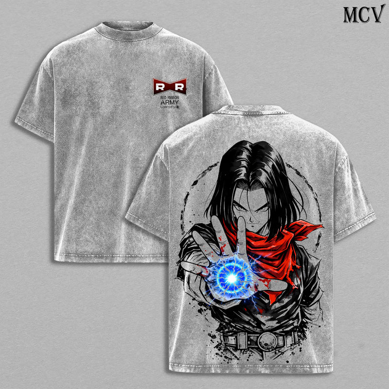 Android 17 Washed Tee – DBZZ Infinite Energy Anime Graphic Double Printed T-Shirt, Menswear Heavy Cotton Unisex Oversize Streetwear Vintage Fighter Edition