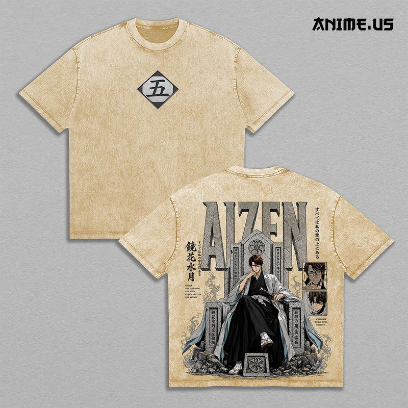 Sosuke Aizen Captain of the Fifth Division Bleach Anime Graphic Heavyweight Cotton Shirt, Vintage Oversized Washed Manga Tee, Japanese Streetwear Apparel, Retro Anime Fan Gift