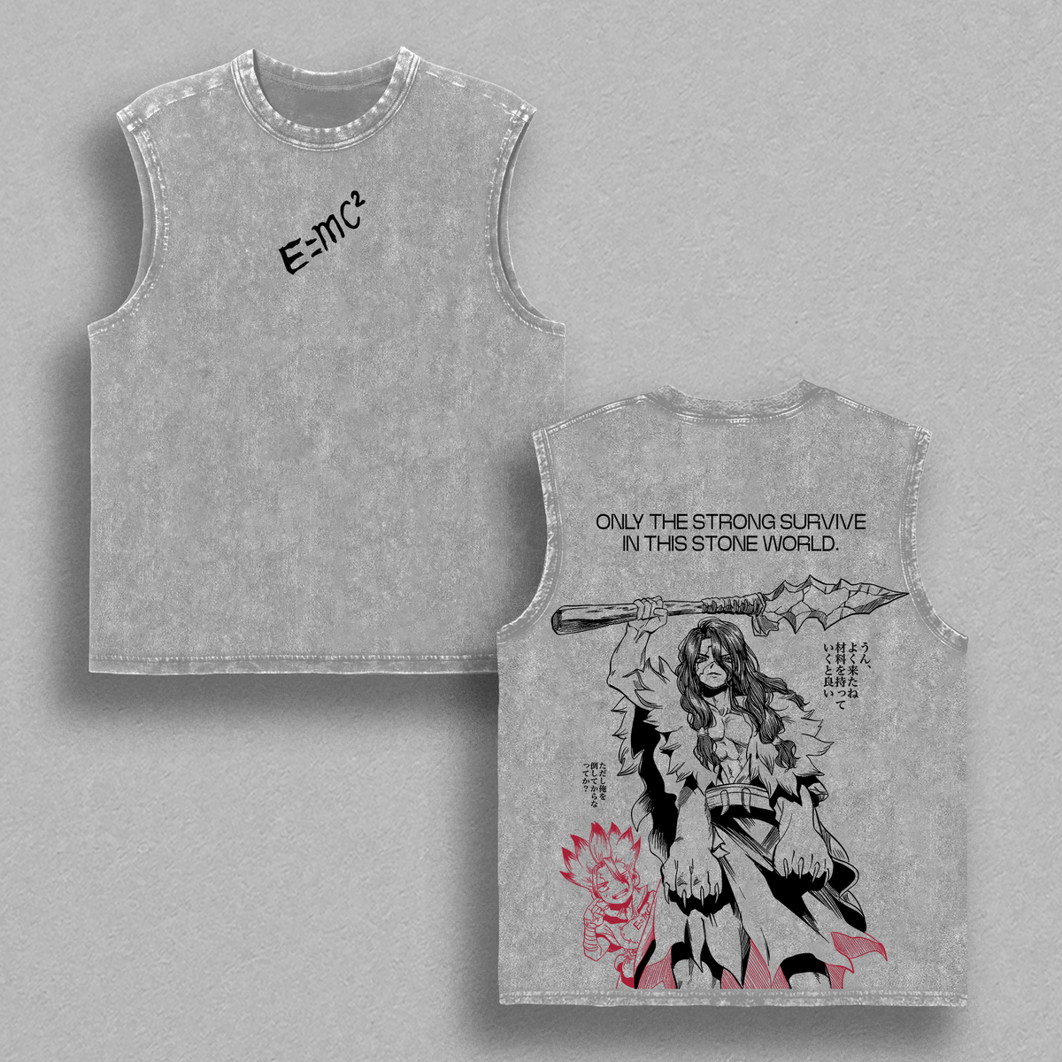 Tsukasa Shishio x Senku Ishigami – Dr. Stone Anime Stone Wars Science vs Power Manga Graphic Double Printed Washed T-Shirt Tee, Menswear Heavy Cotton Unisex Oversize Streetwear Vintage, Science Future Arc